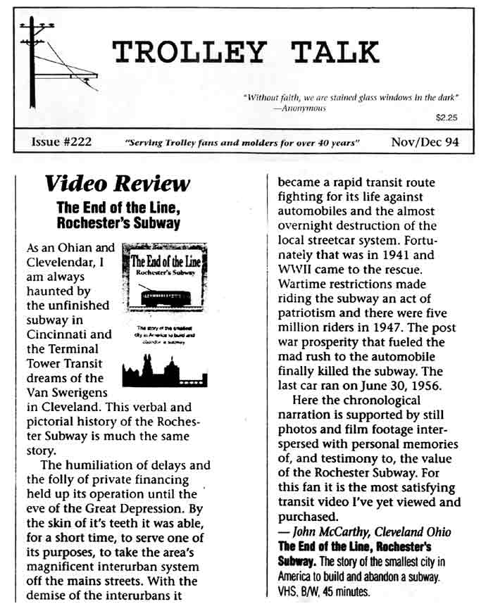Video Review: The End of the Line, Rochester's Subway - John McCarthy, Trolley Talk
